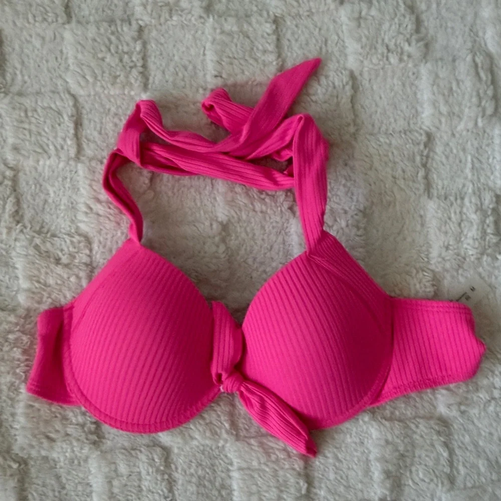 Neon Pink Ribbed Bikini Set High Waisted Two Piece Swimsuit Size M